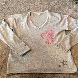 Johnny Was Gray V-Neck Sweater with Pink & Teal Embroidery